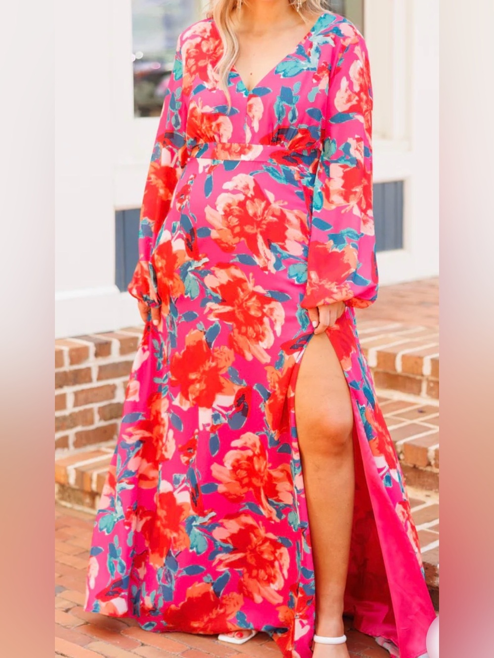 Chic Soul Floral Hot Pink Maxi Dress with Side Slit